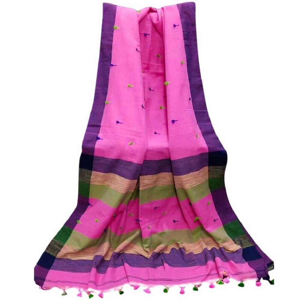 Cotton Linen handloom saree with pompom - Pink